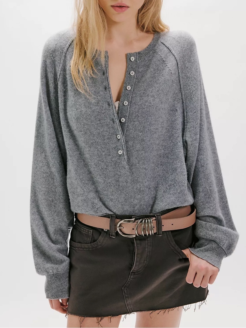 Free People Porta Cashmere Henley Sweater - Cloudy Grey / Gray